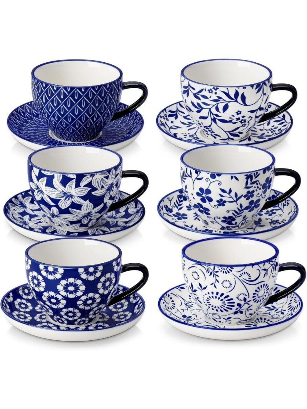 Set of 6 Porcelain Cappuccino Cups & Saucers - Elegant Coffee Drinkware